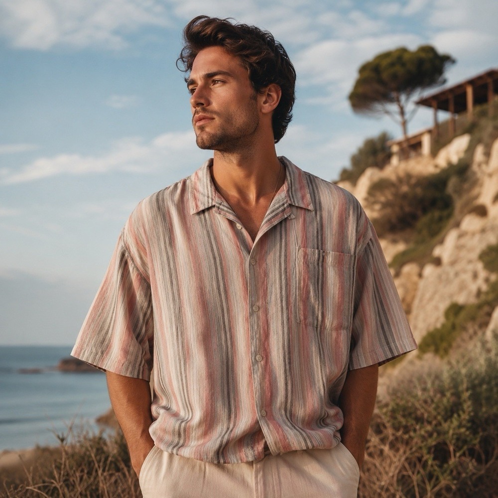 Bruno Linen Blend Orange Gray Stripe Button Down Coastal Resort Vacation 2XLT